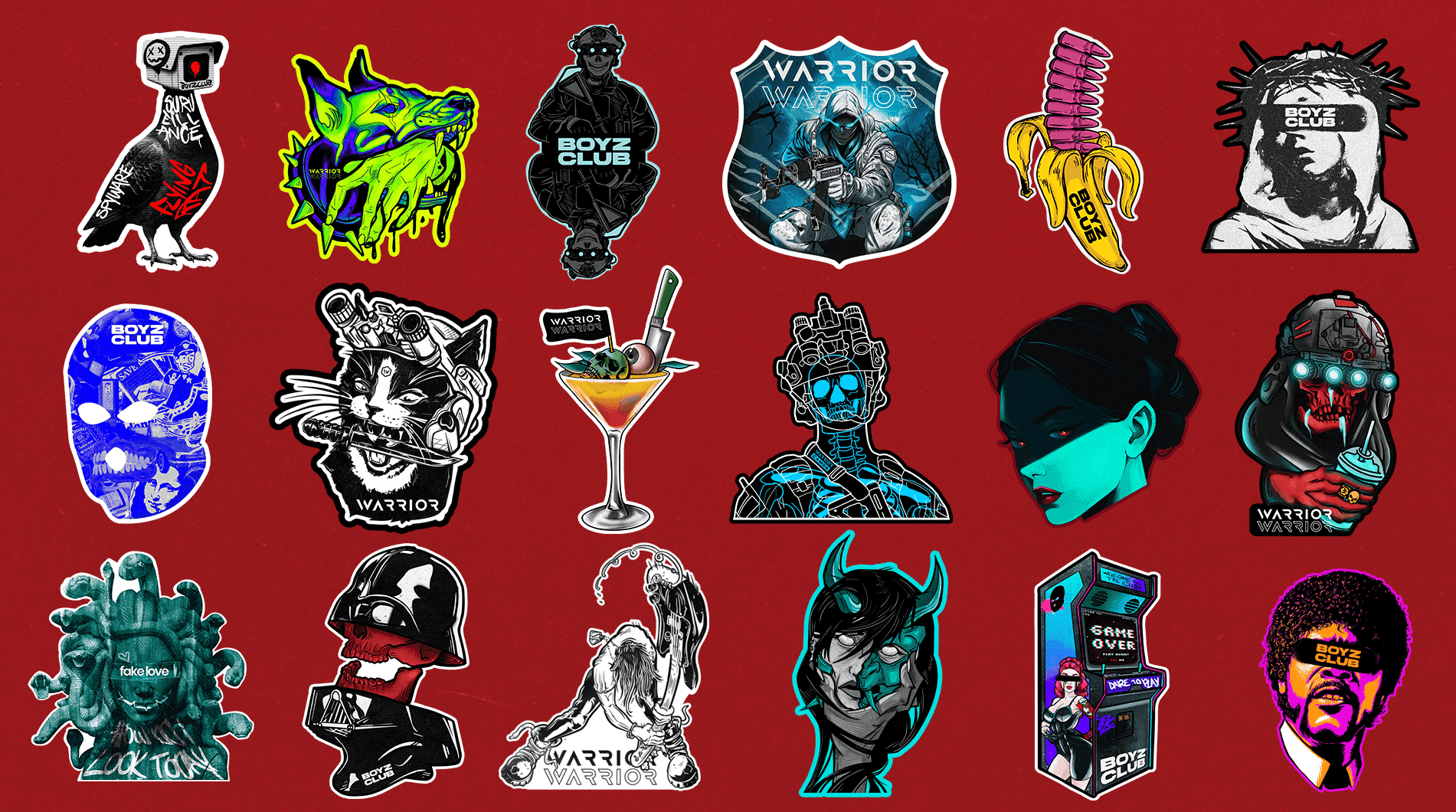 A grid of die-cut sticker designs on a red background