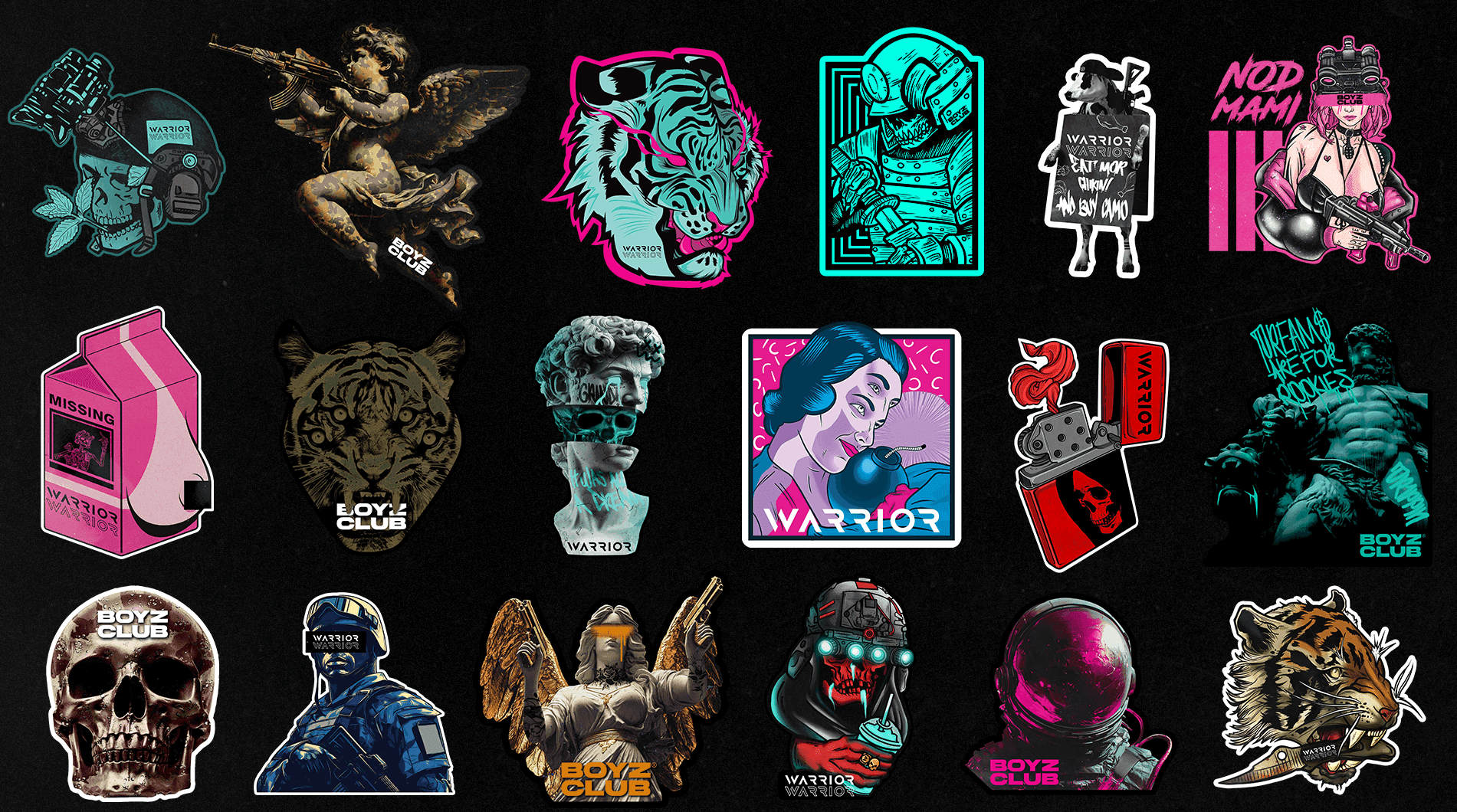 A grid of die-cut sticker designs on a black background