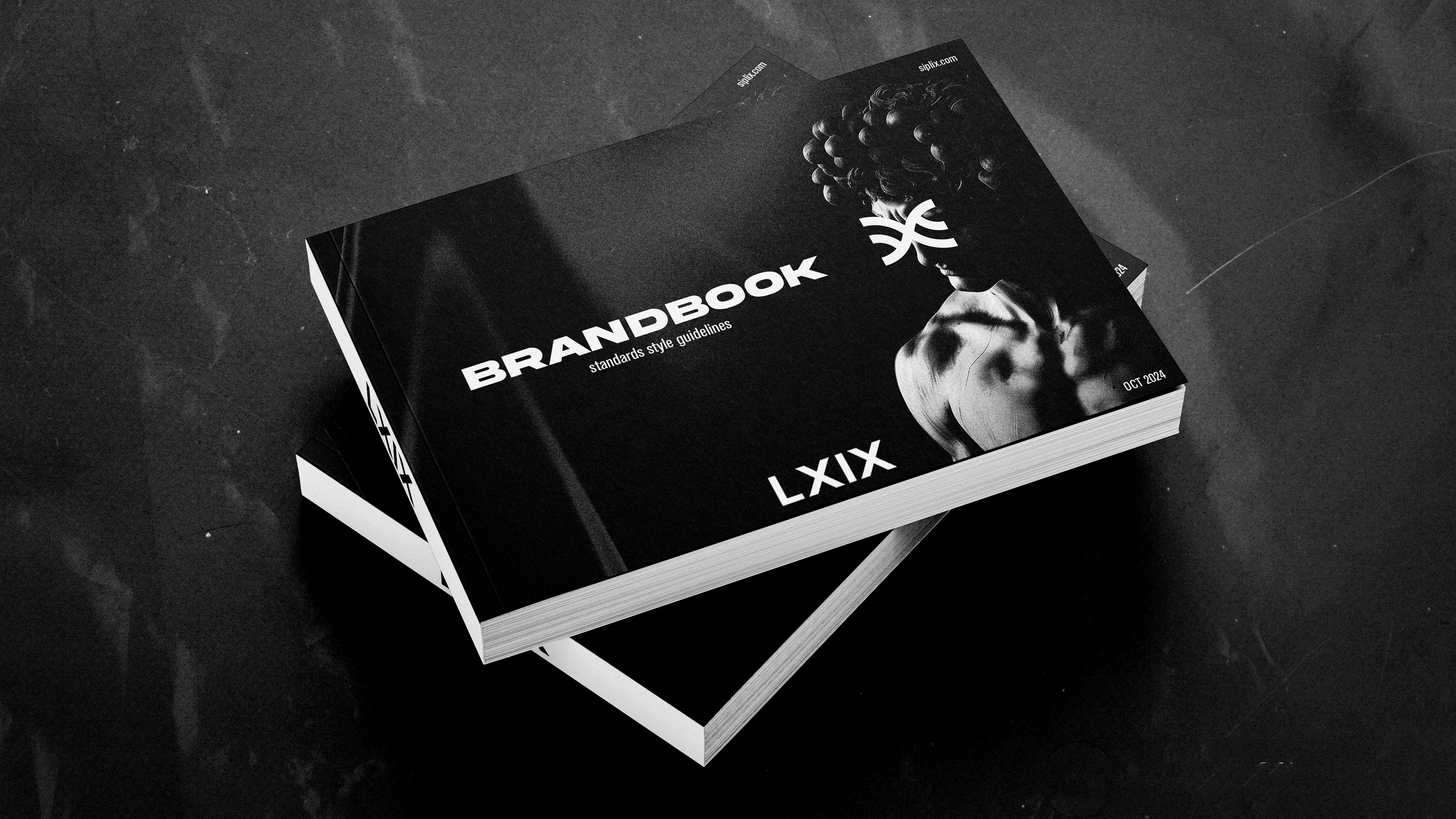 Two stacked copies of the LXIX brandbook, standards and style guidelines
