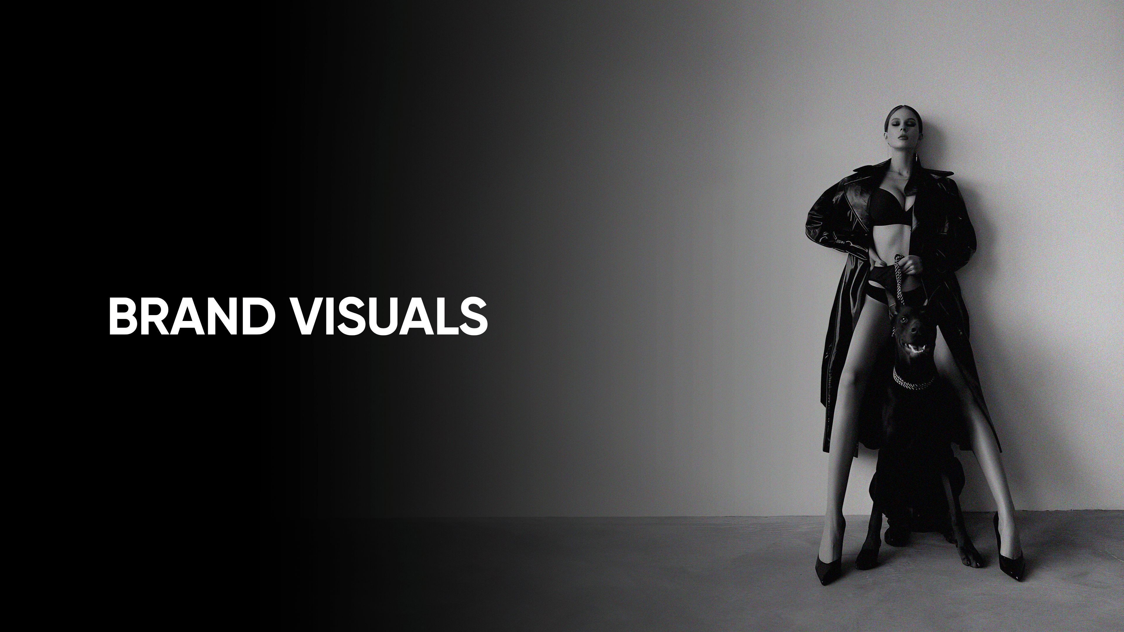 Brand Visuals — campaign portrait in a patent trench coat with a Doberman