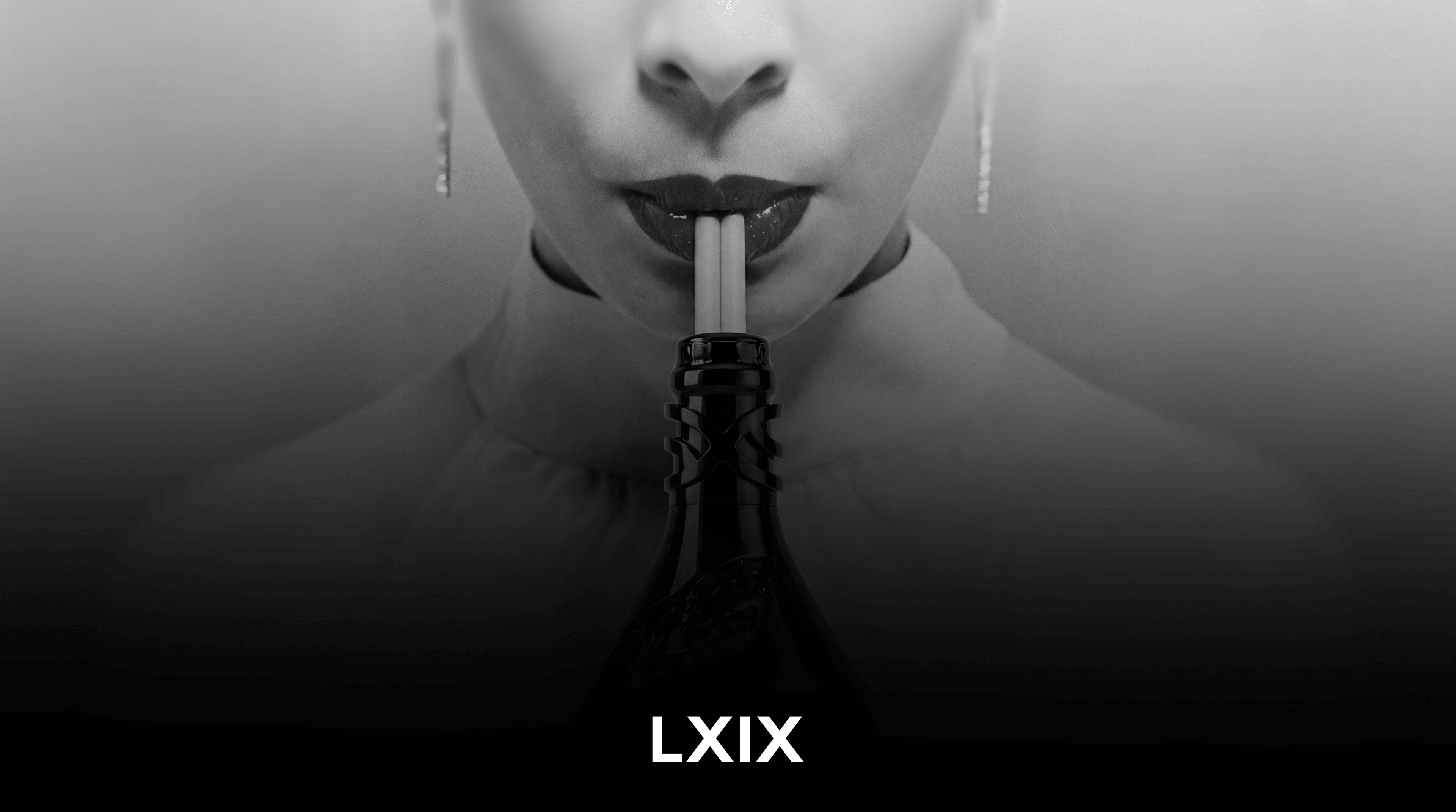 A champagne bottle held to a model's lips, LXIX wordmark below