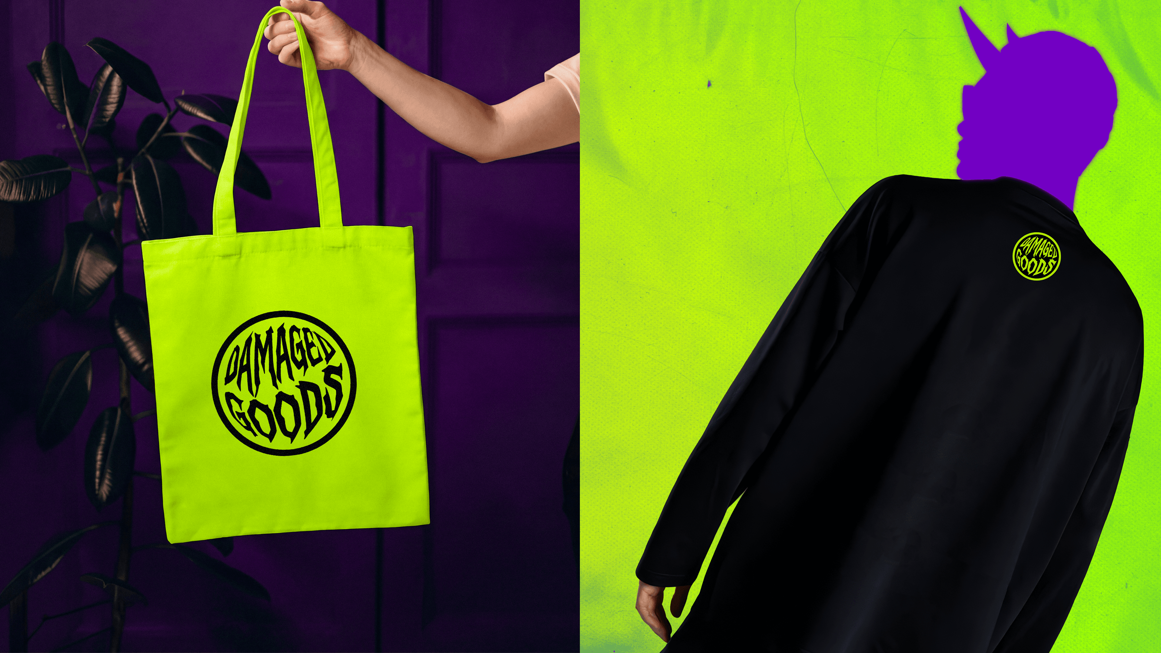 Damaged Goods lime tote bag held against a purple door, beside a black long-sleeve with the circular Damaged Goods badge on a lime and purple backdrop