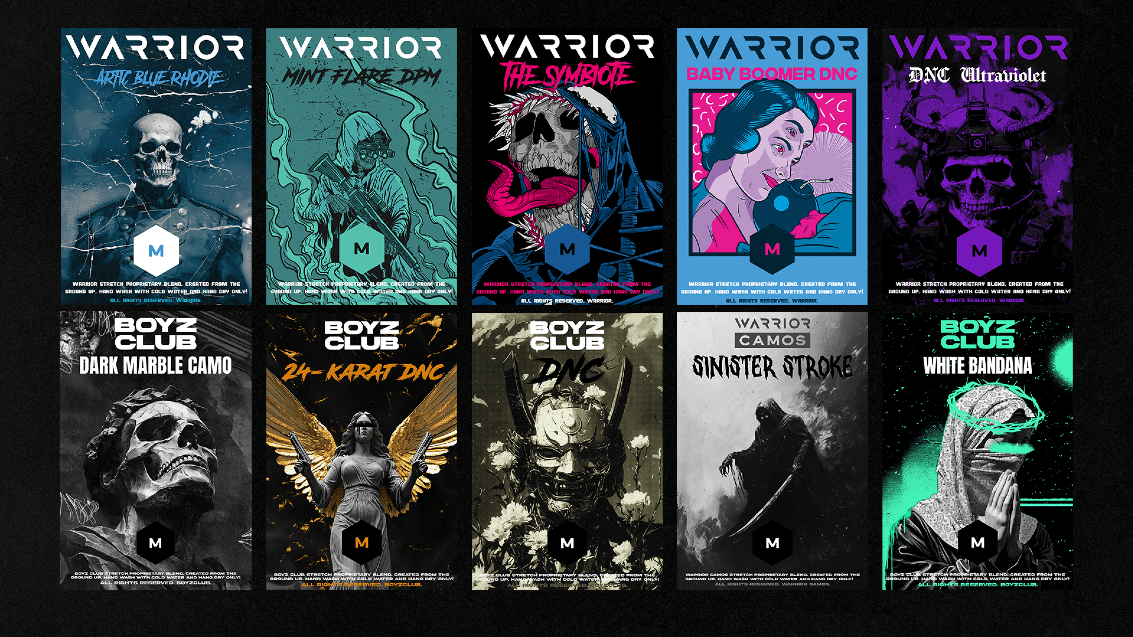 Archive of ten original tag illustrations: Artic Blue Rhodie, Mint Flare DPM, The Symbiote, Baby Boomer DNC, DNC Ultraviolet, Dark Marble Camo, 24-Karat DNC, DNC, Sinister Stroke, White Bandana