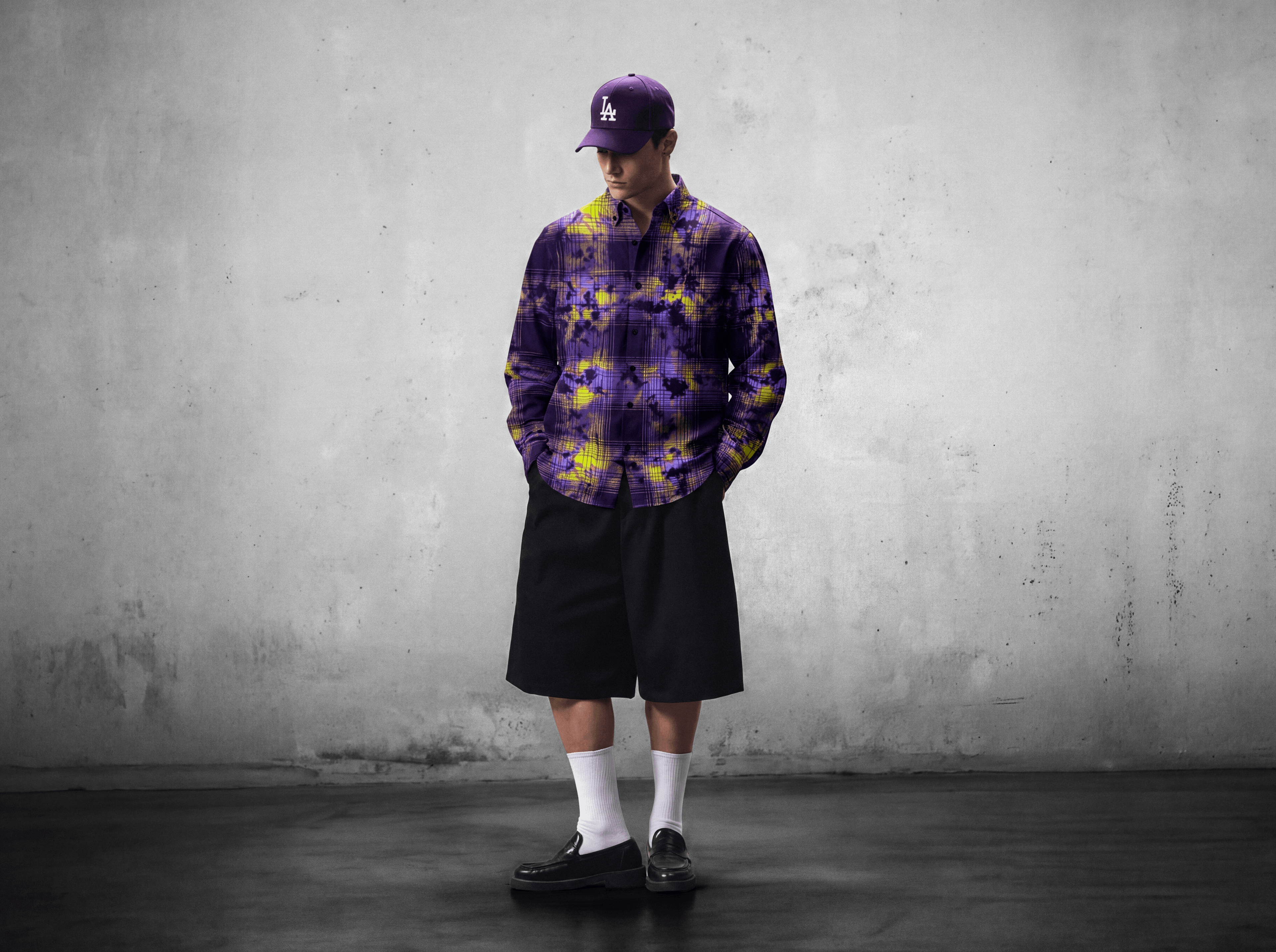 BoyzClub purple plaid shirt, studio look