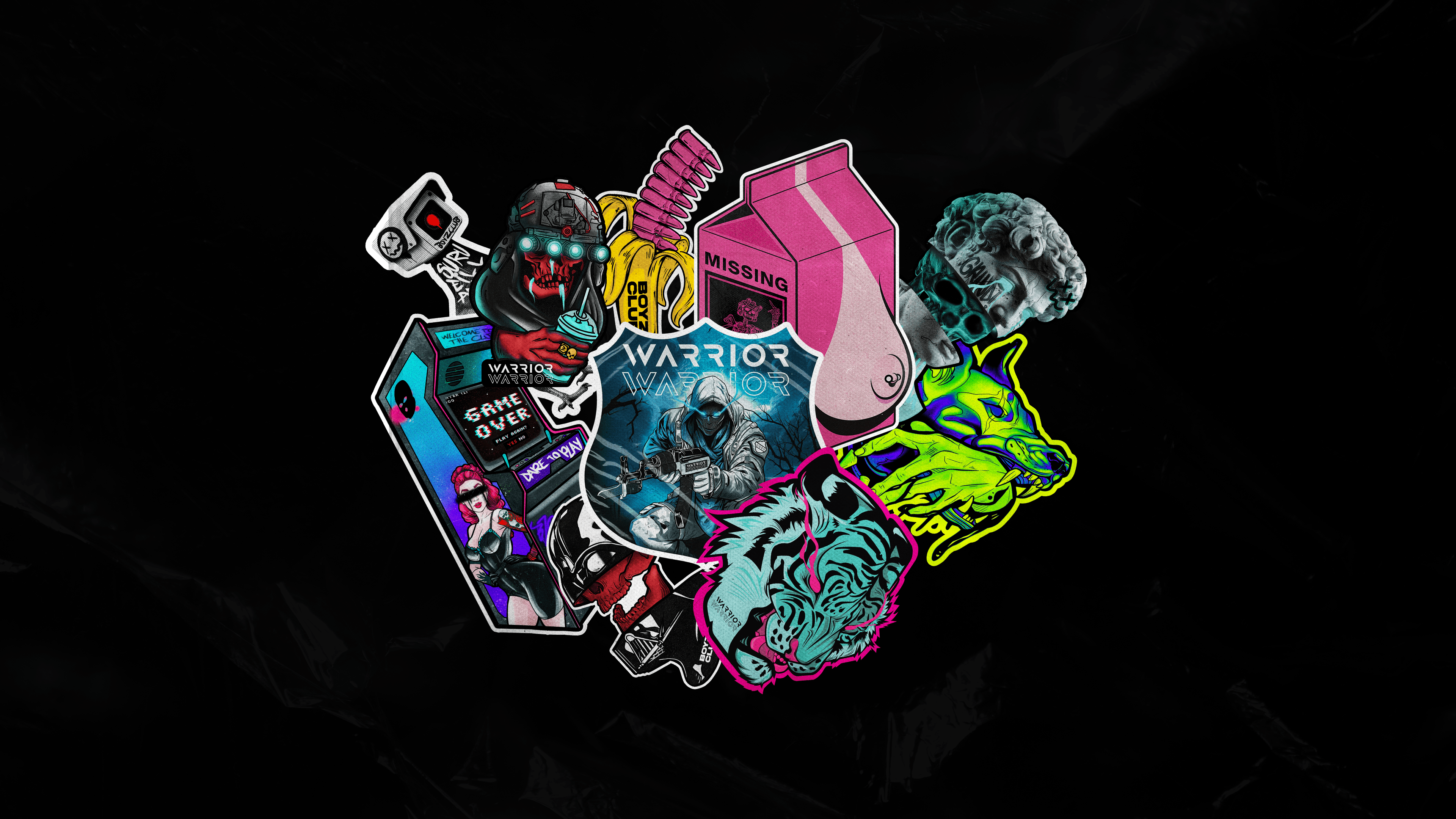 A cluster of die-cut sticker designs on black