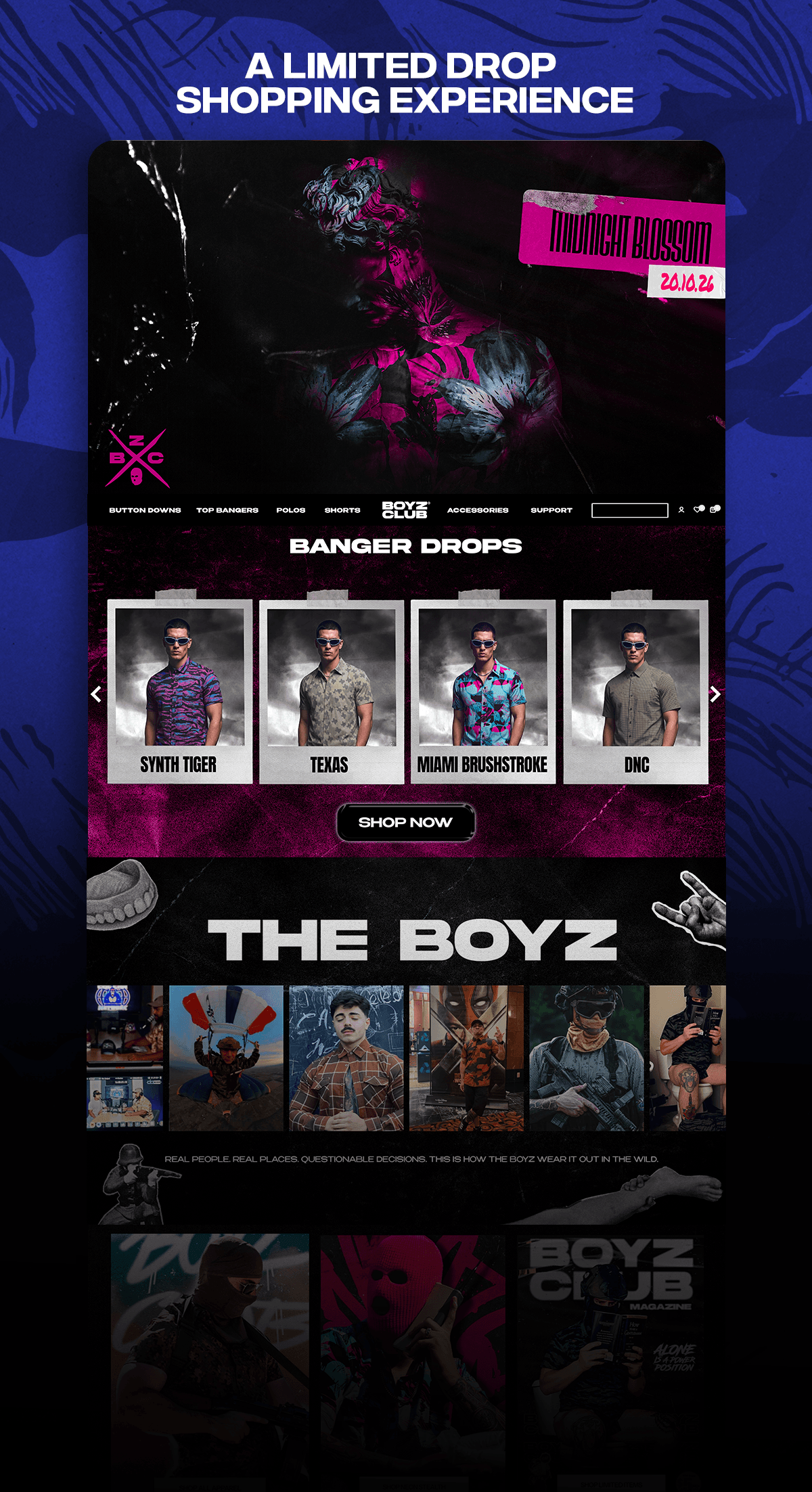 BoyzClub website — a limited drop shopping experience, Midnight Blossom campaign