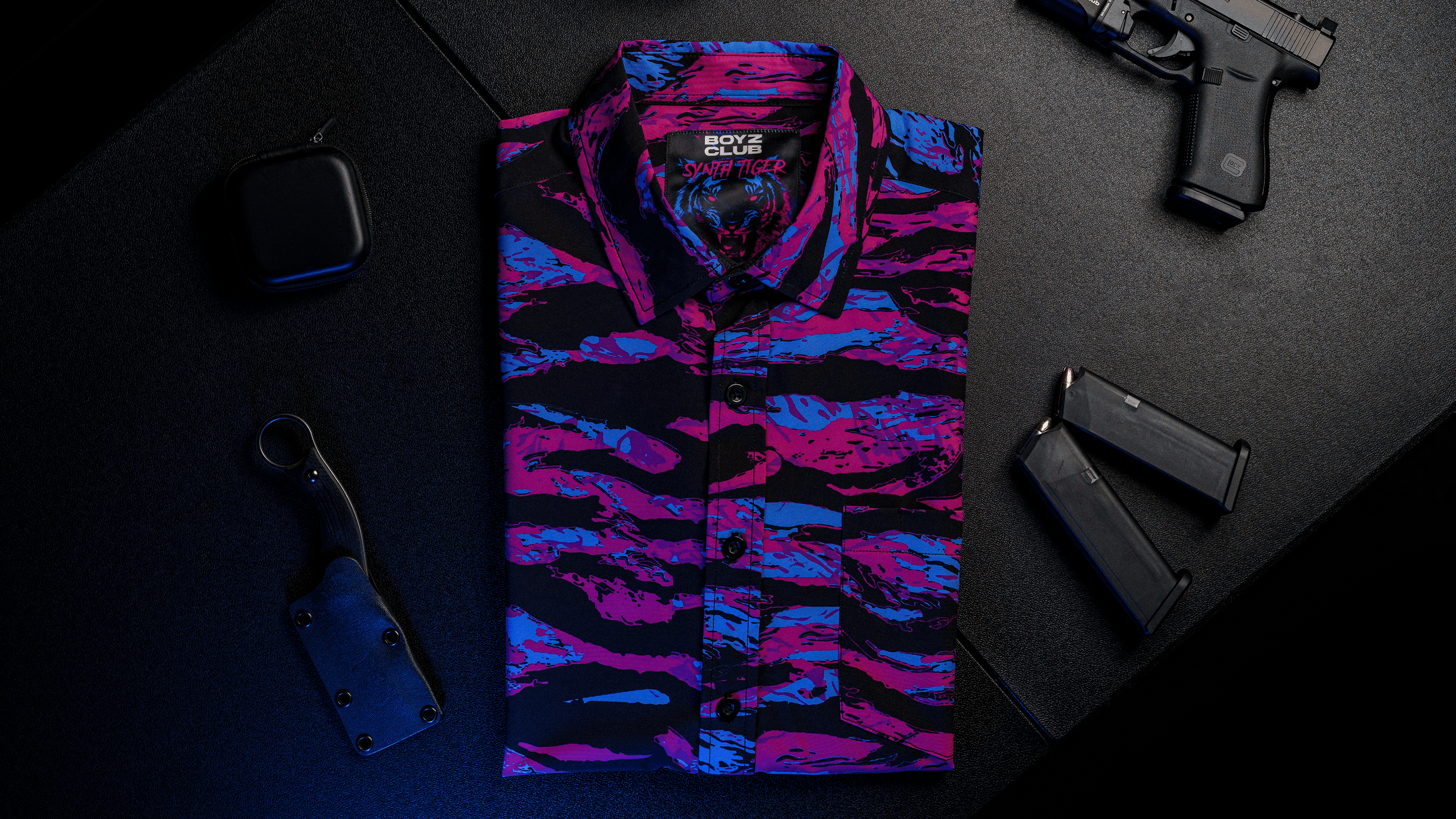 BoyzClub Synth Tiger button-down shirt, flat lay