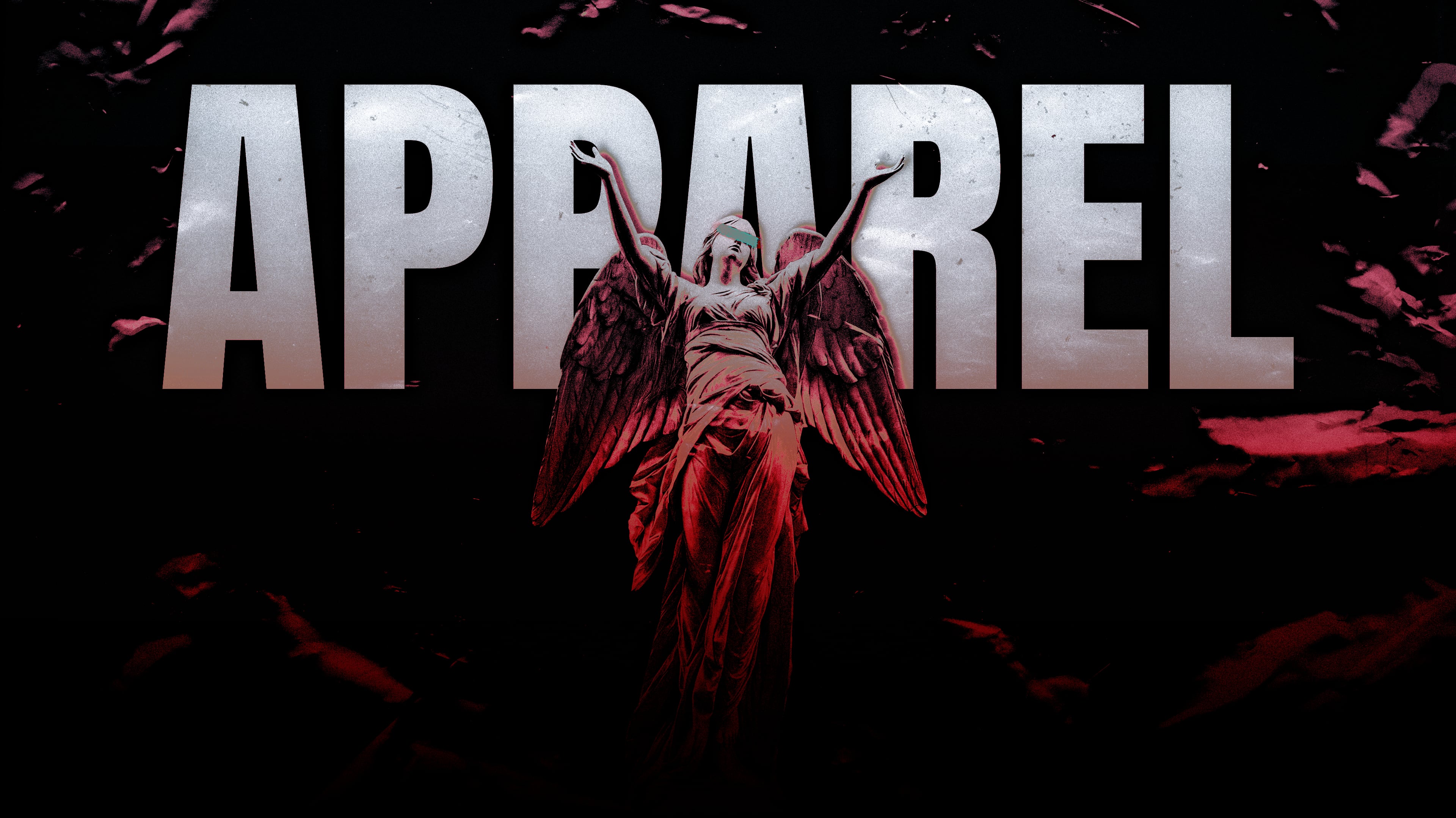 A red-lit angel statue rising in front of the word APPAREL